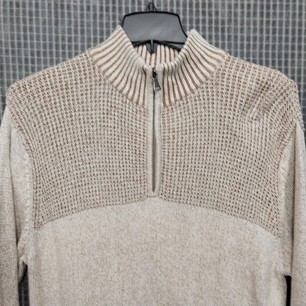 BKE Mens Quarter Zip Pullover Sweater Textured Cotton Large Tan Marled